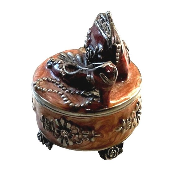 Vtg Heels with Purse Mini Trinket Box Rhinestones Pink-ish Rose Accents Footed - Picture 3 of 7